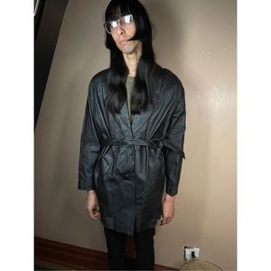 Leather Jacket Trench Black Coat Goth Grunge Belt Matrix crow